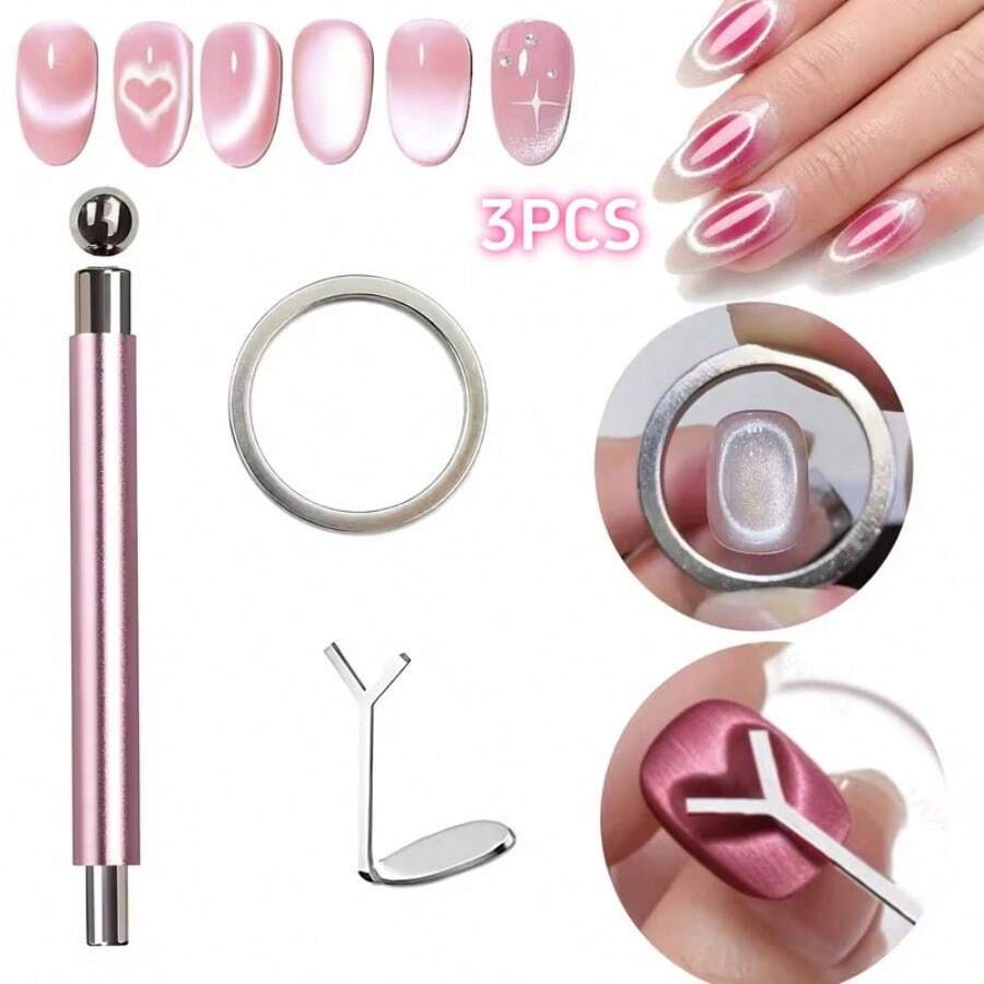 3Pcs Multi Function Shimmer Nail Styling Kit, For Heart Hollow Wide Light Nail Patterns - Multicolor - View 1
