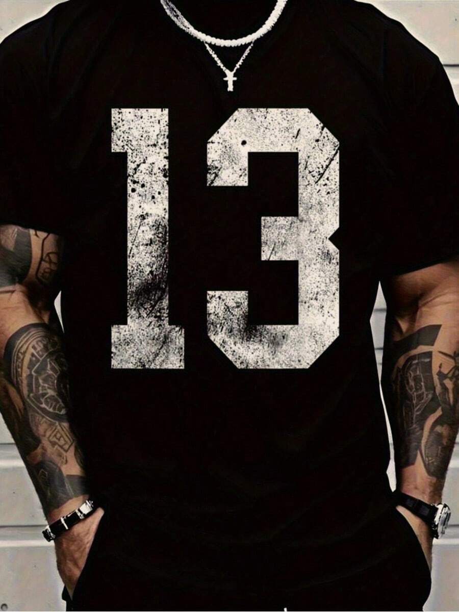 Men's Heavyweight T-Shirt 100% Cotton| Casual Style With Geometric Pattern, Round Neck, Slightly Stretchy - 黑色 - 查看 1