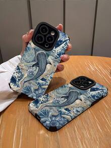 1件裝 鯨鯊藍色圖案拼接垂直條紋人造皮革紋理經典防摔軟保護手機殼，適用於 Apple 16/16PLUS/16PRO/16PROMAX - 彩色 - 查看 2