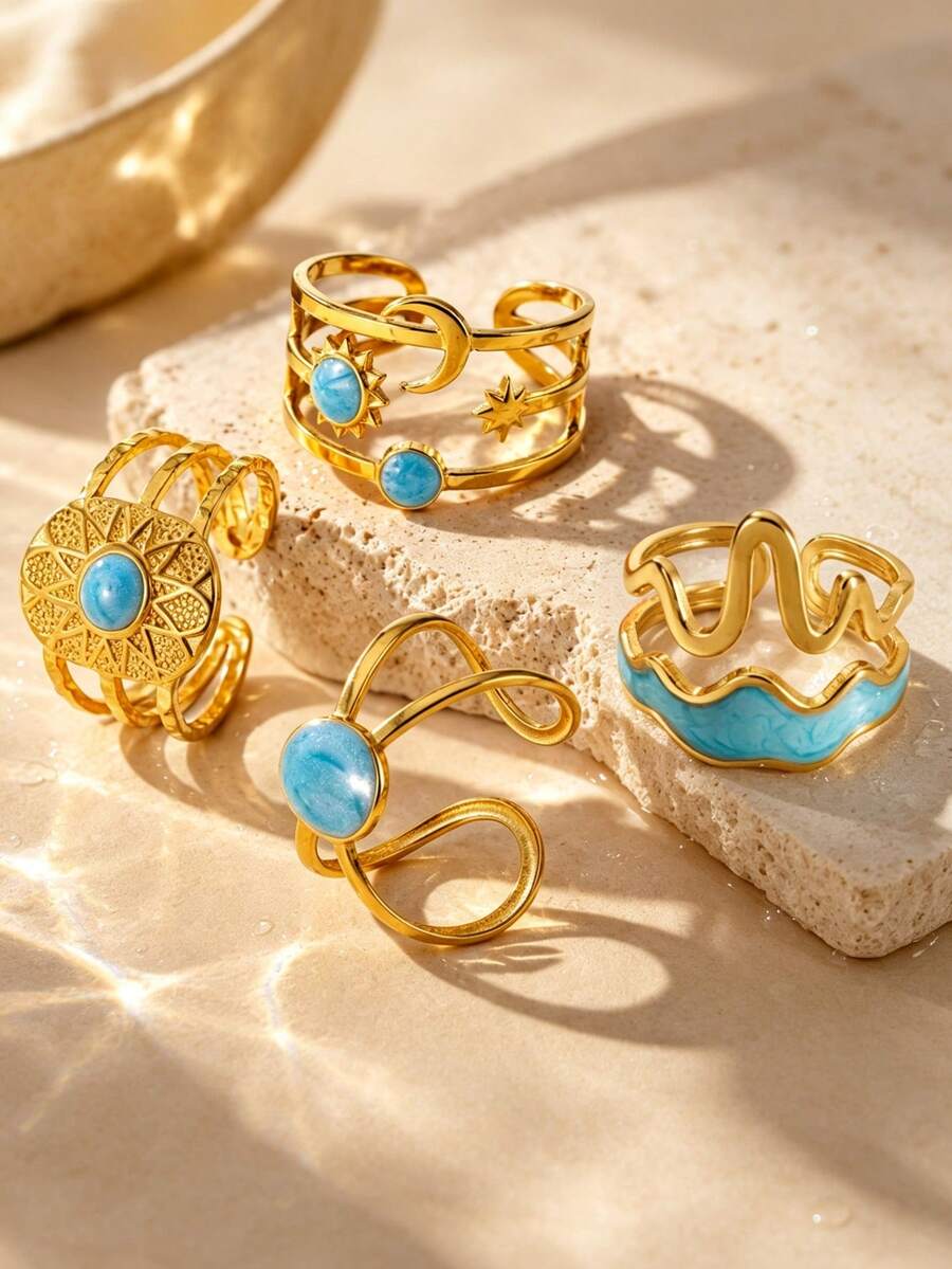 1pc Women's Stainless Steel Ring With Enamel Craft Geometric Design, Vacation Style, Suitable For Travel Wear - Yellow Gold - View 1
