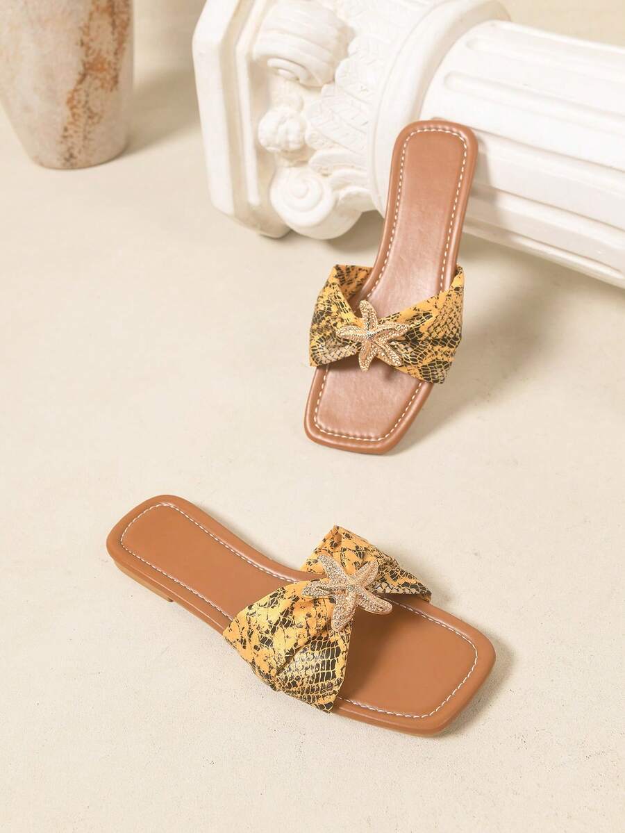 1 Pair Women Square Toe Flat Slide Sandals, Snake Print Knotted Bow With Starfish Rhinestone Decor Summer Slip On Beach Slippers - Yellow - View 1