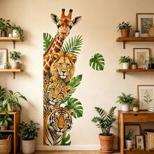 1/3/5pcs Vertical Jungle Animal Wall Decals, Giraffe Lion Tiger Leopard Tropical Monstera Leaf Print, Self-Adhesive Removable Vinyl Wall Mural For Living Room Bedroom Kids Room Decor - Animal Stickers - View 2