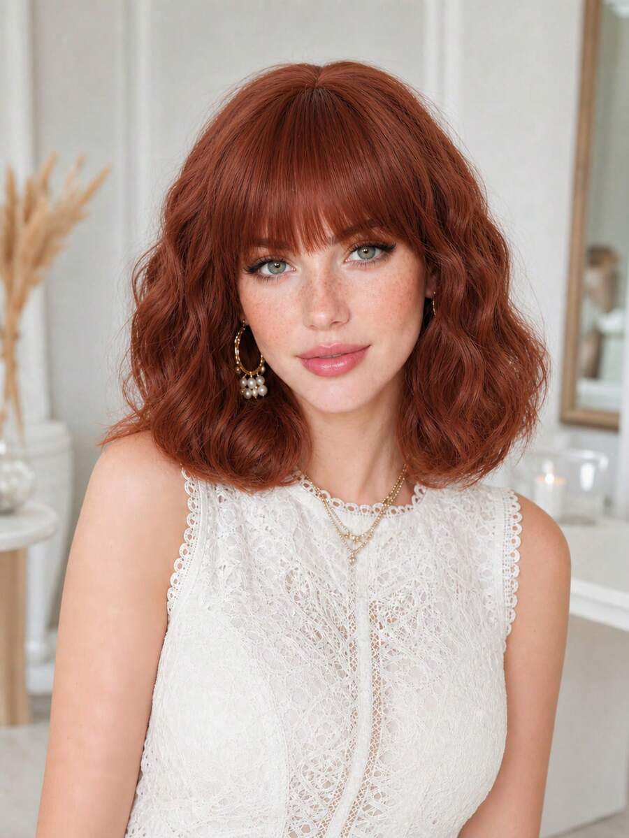 12 Inch Short Wavy Bob Wig, Classic Ginger Red Water Wave Bob Wig With Bangs, Heat Resistant Realistic Natural Look, Suitable For Daily, Party, Cosplay