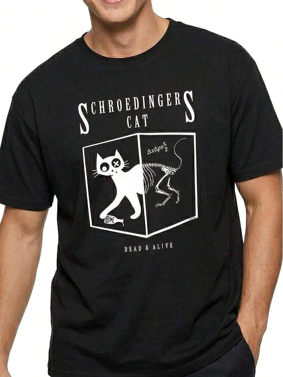 Men's Summer Outfit, T-Shirt With A Cat - Schroedinger's Cat. - 黑色 - 查看 1