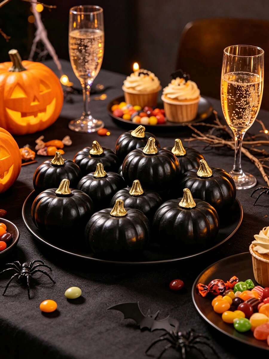 4 Stück schwarze künstliche Kürbisse, geeignet für Halloween, Zuhause, Schreibtisch, Party, Thanksgiving und Erntedekoration, anwendbar für Innen- und Schlafzimmerszenen, schwarze Schaumstoff-Kürbisse - Übersicht 1