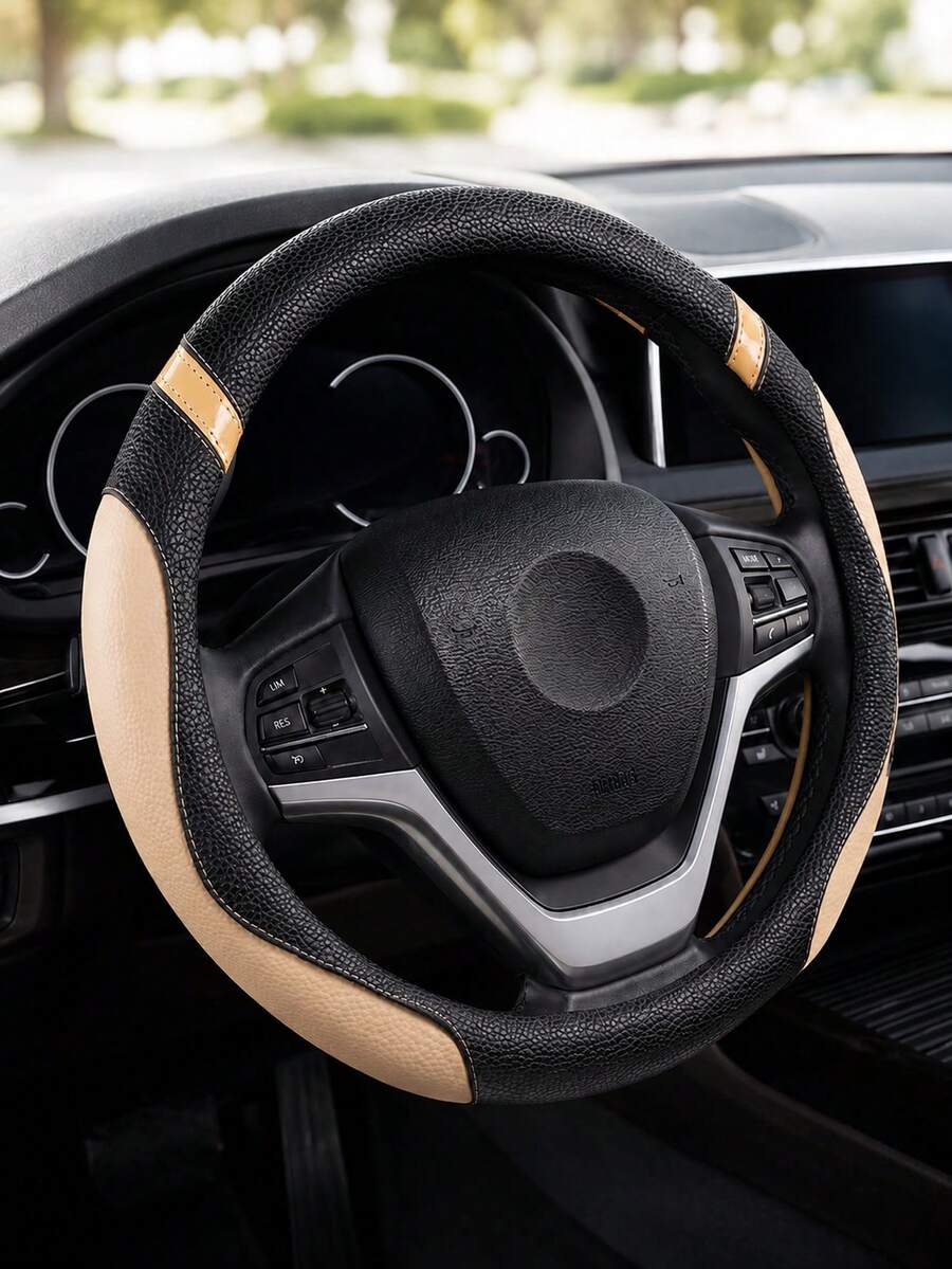女款皮革雙色汽車方向盤套，四季通用 - 米色 - 查看 1