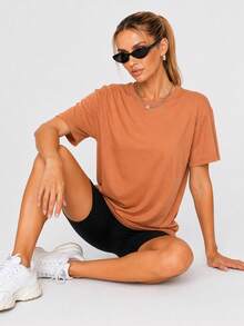 Nonwe Women Loose Fit Plain Short Sleeve T Shirt Soft Stretch Crew Neck Casual Sports Basic Tee Daily Wear - Brown - View 5