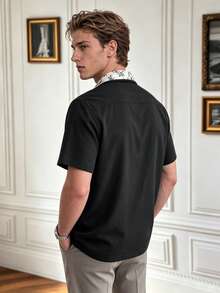 Men's Black Short Sleeve Shirt, Floral Print Collar, Casual Loose Fit Button-Up - Black - View 2