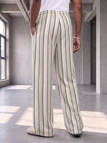GRDR Men's Summer Striped Loose Drapey Casual Drawstring Elastic Waist Wide Leg Long Pants - Grey - View 4