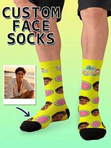 1 Pair Custom Face Print Socks, Summer Watermelon Pattern Mid Calf Socks, Personalized Funny Photo Socks, Unisex Casual Holiday Gift Socks - Multicolor - View 4