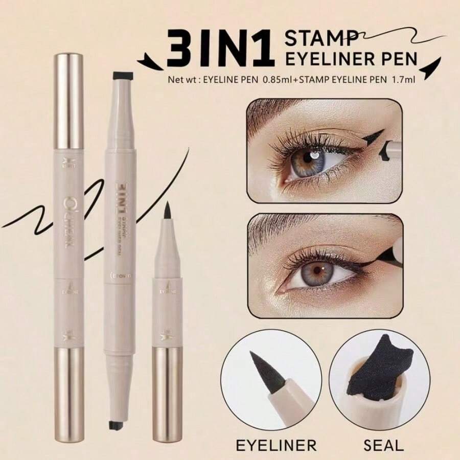 3-In-1 Stamp Eyeliner, Quick & Easy Application Without Skill, Fast-Drying Smudge-Proof Formula, Waterproof & Smudge-Resistant, Long-Lasting Matte, Easy To Remove, Effortlessly Create Cat Eye Look, Suitable For All Eye Shapes, Black & Brown - Multicolor - View 1