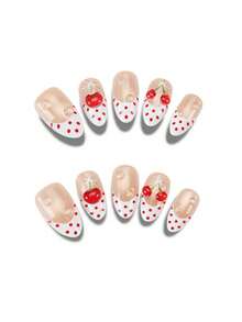 30Pieces Press On Nails Short Almond Nails French Tip Red Polka Dot Cherry Design 3D Water Droplet False Nails Cute Glue On Nails Reusable Fake Nails Set With Jelly Glue And Nail File Suitable For Gatherings And Daily Use - Multicolor - View 2