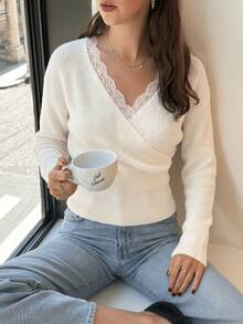 Women's French Elegant Wrap Knit Top, V-Neck Lace Trim Long Sleeve Ribbed Cropped Sweater, Suitable For Daily Coffee Autumn Outfit - White - View 6