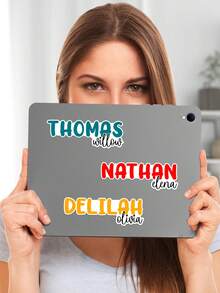 Customized Name Waterproof Vinyl Stickers, Bubble Bold + Handwritten Cursive Personalized Text Decals, Removable Self-Adhesive Labels, Suitable For Tumblers, Laptops, Notebooks, Water Bottles, Luggage, Back To School Students, Teachers, Bridesmaid Wedding Favors Exclusive Customized Name Stickers - Multicolor - View 3