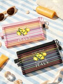 Colorful Striped Zipper Makeup Bag, Fresh Lemon "Italy" Letter Pattern Design, Transparent Mesh Makeup Bag, Foldable Storage Bag, Portable Stationery Bag, Multi-Functional Storage Bag, Travel Storage Supplies, Suitable For Travel, Beach, Holiday, Student Back To School, Office, Gift And Daily Use, Unique Party Gift, Back To School Gift, Birthday Gift, Travel Gift, Best Teacher's Day Gift - Multicolor - View 3