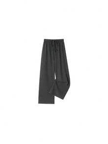 Minimalist Casual Versatile Loose Straight Leg Draped High Waist Wide Leg Pants With Drawstring Long Pants For College Office Daily Home Wear Autumn Winter - Grey - View 1