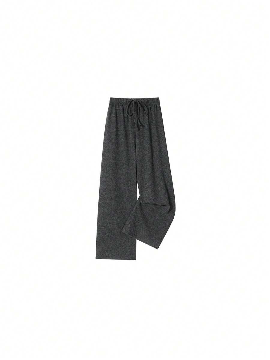 Minimalist Casual Versatile Loose Straight Leg Draped High Waist Wide Leg Pants With Drawstring Long Pants For College Office Daily Home Wear Autumn Winter - Grey - View 1