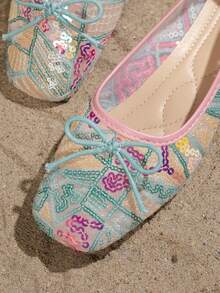 New Chinese Style Colorful Sequined Lace Square-Toe Flat Shoes For Women With Bow, Breathable And Retro Style, Perfect For Summer.,Ballet Flats - Multicolor - View 8
