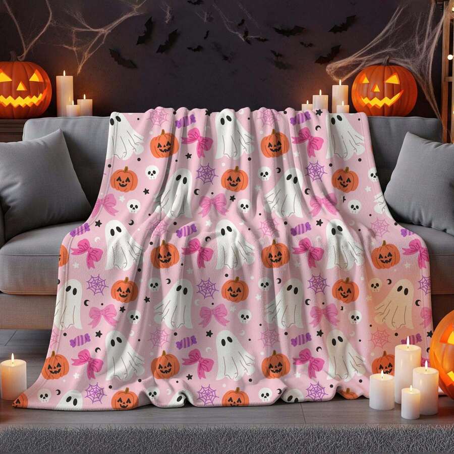 Rosa Halloween Geister Decke | Süßer Geister Kürbis Schleife Samt Überwurf | Macaron Farbe Halloween Dekoration | Mädchen Stil Halloween Geschenk | Gemütliche warme Decke - Verschiedenfarbig - Übersicht 1