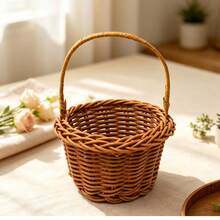 1pc Cute Mini Handmade Woven Rattan Flower Basket With Handle, Decorative Floral Container, Suitable For Fresh/Artificial Flower Arrangement, Wedding Table Centerpiece, Desk Ornament, Birthday Gift Basket, Party Indoor Home Photography Decoration Small Display Basket - Faux Rattan Woven Basket - View 7