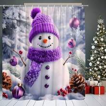 Christmas Snowman Shower Curtain Cute Purple Snowman Xmas Ball Snow Winter Holiday Fabric Bathroom Decor Set With Hooks, 70" WX70 H - Purple White - View 3