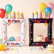 Birthday Photo Frame Aluminum Foil Balloon, Candle Striped Print Selfie Frame Foil Balloon, Birthday Party Atmosphere Photo Props Party Scene Decoration - Multicolor - View 6