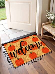 1pc, Autumn Harvest Festival Orange Pumpkin Background Welcome Pattern Doormat, Seasonal Style Machine Washable Polyester Fiber Mat, Suitable For Indoor, Outdoor, Daily Decoration, All Seasons - Orange - View 14