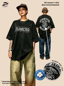 230g Washed Double-Sided Printed Short Sleeve-Shirt, Round Neck Relaxed Fit Casual Tee, Soft Lightweight Versatile Basic Top Daily Wear. - Black - View 2