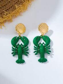 1 Pair Red Enamel Lobster Metal Shell Earrings, Marine Life Series, For Women - Green - View 4