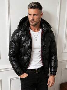 Men's Shiny Stand Collar Long Sleeve Detachable Hood Solid Color Casual Style Warm Padded Coat For Autumn/Winter - Black - View 3