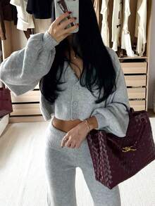 Grey Knit 2 Pieces Set, Cropped Button-Up Cardigan + Wide Leg Pants Slouchy Outfit Fall - Grey - View 2