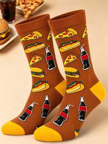 1 Paar Herren Crew Socken mit Pizza, Burger, Hot Dog und Soda Flaschen Muster, ideal für tägliche Outfits, Essensliebhaber, Freizeitkleidung, Geburtstags- und Feiertagsgeschenke, Party und Alltag - Verschiedenfarbig - Übersicht 1