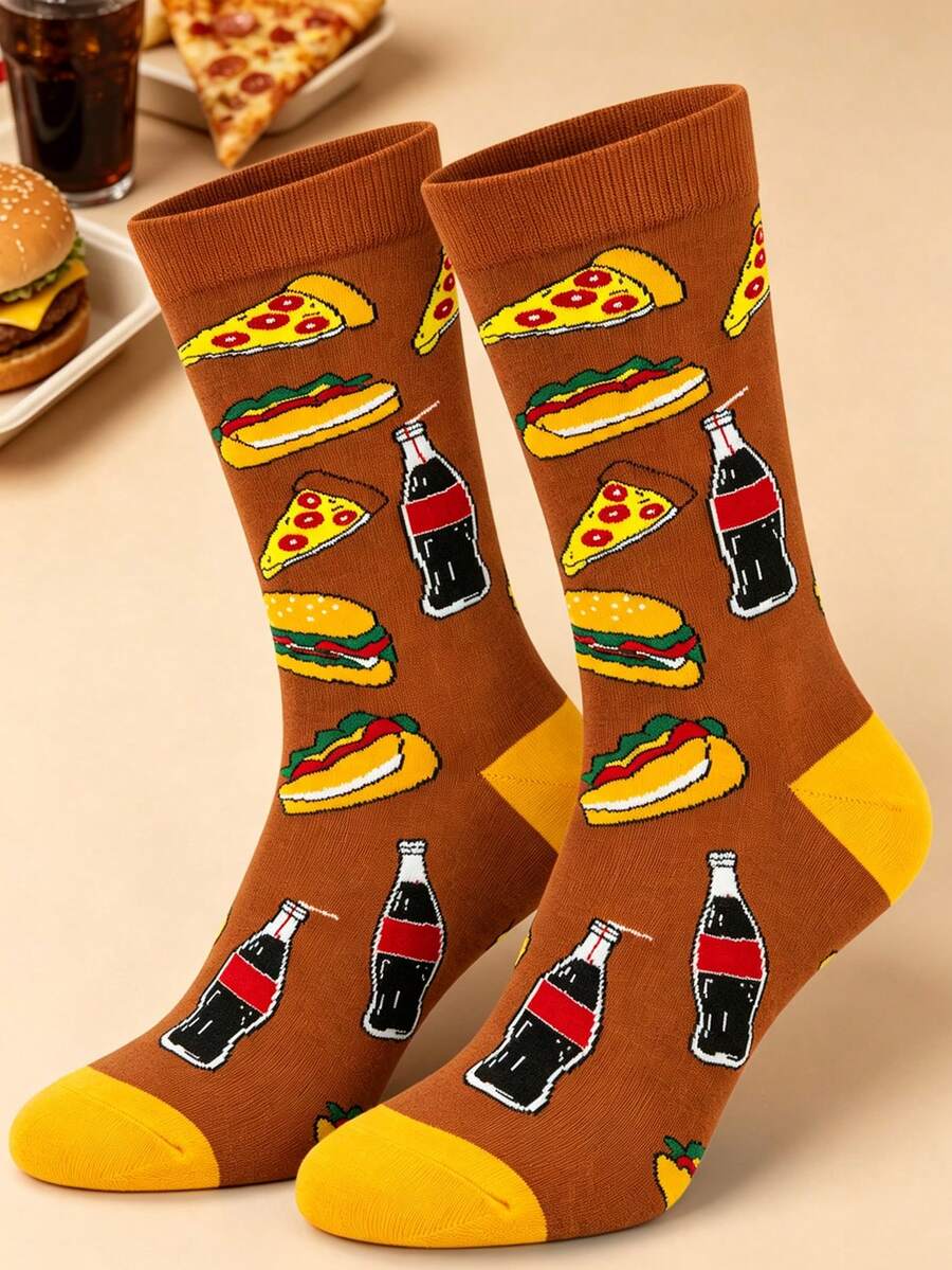 1 Paar Herren Crew Socken mit Pizza, Burger, Hot Dog und Soda Flaschen Muster, ideal für tägliche Outfits, Essensliebhaber, Freizeitkleidung, Geburtstags- und Feiertagsgeschenke, Party und Alltag - Verschiedenfarbig - Übersicht 1