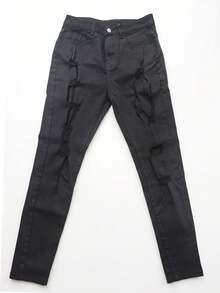 Men's Stylish Black Skinny Jeans Extreme Ripped Frayed & Ruched Ankle For Street Outfits Streetwear Casual Wear With Stretch Breathable Jeans - 黑色 - 查看 5