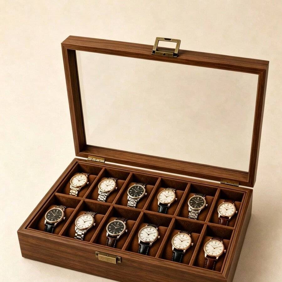 8-Slot Wooden Watch Storage Box With Glass Lid, Walnut Wood Watch Display Box, Dust-Proof Velvet Lining, Men's And Women's Watch Collection Box, Birthday And Christmas Gift - Walnut Wood - Inner Brown - View 1