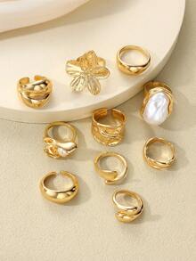 10pcs Fashion Minimalist Elegant Exquisite Vintage Design Multi-Layer Stackable Old Money Style Geometric Floral Irregular Texture Pleated Faux Pearl Cross-Twist Braided Water Drop Polished Minimalist Plain Metal Chunky Wide Rings Set For Holiday Vacation Party Date Gift Daily Commute Wear - Yellow Gold - View 3