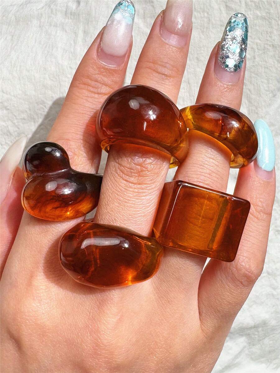 5pcs/Set Fashionable Vintage Transparent Brown Resin Rings, Asymmetrical Geometric Ring Set, Suitable For Daily Wear, Holidays And Parties - Multicolor - View 1