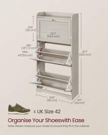 VASAGLE Shoe Cabinet With 3 Flip Drawers, Shoe Storage Cabinet, Adjustable And Removable Dividers, Holds Up To 18 Pairs Of Shoes, Entryway, 9.4 X 23.6 X 42.5 Inches - 米色 - 查看 2
