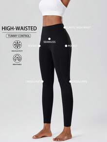 Women's Seamless High-Waisted Compression Leggings With Side Pockets, Solid Color Elastic Tight Pants For Outdoor Running, Spring Summer Autumn Sports - Black - View 4