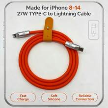 Kabel USB-C ke Lightning Silikon Cair Ultra Lembut, Warna Macaron Multi Warna, Kabel Pengisi Daya Cepat PD 27W Bersertifikasi MFi, Kompatibel dengan iPhone 14 13 12 11 X 8 - Jeruk - View 3