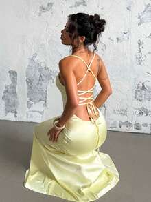 1pc Solid Color Elegant Knit Fabric Backless Dress Beach Summer - Green - View 4