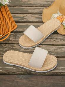 Women's Beige One Strap Flat Slides, Imitation Rope Sole With Metal Decor, Summer Beach Vacation Sandals - Beige - View 7