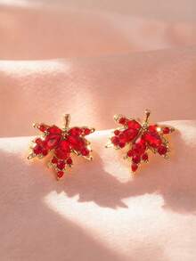 1 Pair Fashionable Elegant Red Rhinestone Maple Leaf Stud Earrings, High-End Luxury Versatile Autumn/Winter Earrings - Gold - View 3