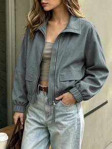 Spring/Autumn Thin Fashion Casual Solid Color Double-Head Metal Zipper Design Decorative Pocket Flap Elastic Cuff Hem Design Stand Collar Raglan Sleeve Women's Jacket - Grey - View 3