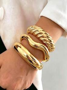3pcs Vintage Casual Twisted Asymmetrical Women's Bracelet Set, Suitable For Daily Wear, Vacation, Holiday, Layering - Yellow Gold - View 5