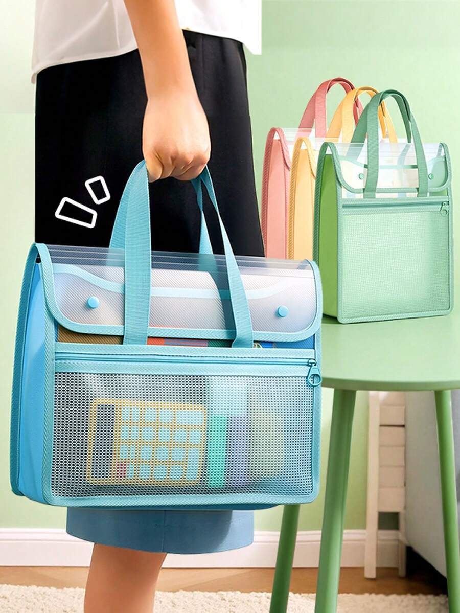 HUAJIE Large Capacity A4 PP Diagonal Stripe Tote File Bag, Snap Button Transparent Cover Document Bag, Portable Handheld School Book Storage Tote, Student Office Stationery Storage Bag - Single Piece - View 1