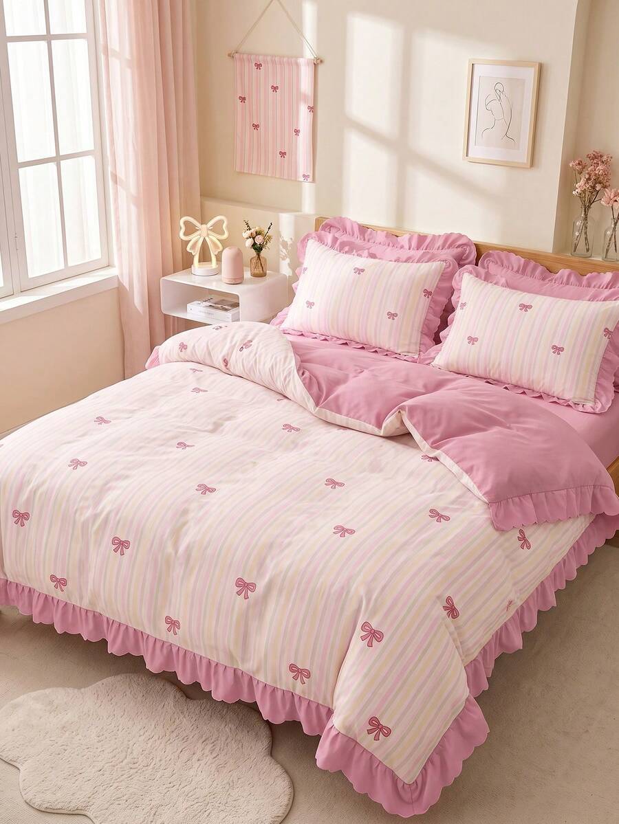 2/3pcs Ruffle Duvet Cover Set, Dorm Bedding, Rainbow Bow Bedding Set, Cozy Room Decor, Skin-Friendly Breathable, Ultra Soft Anti-Pilling, Duvet Insert Not Included, Suitable For Twin/Full/Queen/King Size Beds, All Season, Machine Washable, Back To School