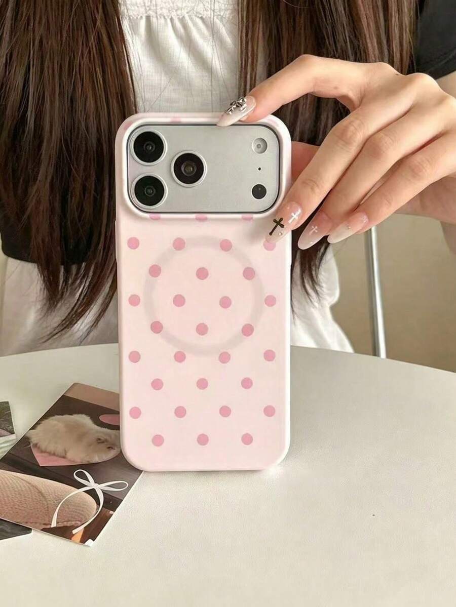 Ins Style Korean Creamy Pink Polka Dot Magnetic Zuo Li Phone Case Compatible With IPhone 17 Pro Max, Apple 16 New Model, 15 Pro, 14/13, 16 PM, 17 Pro, Girly Personalized Protective Cover - White - View 1
