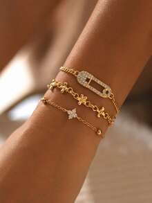 Juego de 3 pulseras de estilo de lujo de nicho con flores de strass, joyería de mujer con cadena fina dorada de moda, adecuado para uso diario, vacaciones de verano, citas, fiestas y festivales de música - Multicolor - Ver 1