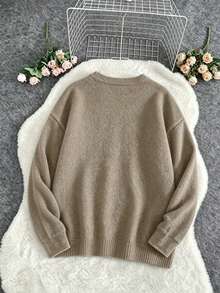 Plus Size Women's Solid Color Long Sleeve Crew Neck Regular Fit, Ideal Choice For Autumn Winter Fall - Khaki - View 2